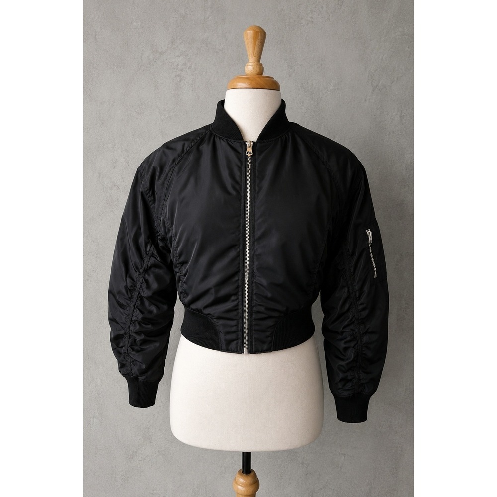 Cropped Black‎ Bomber Jacket Ruched Sleeve Minimalist Streetwear Utility Zip XS